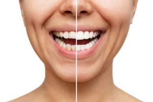 A before-and-after image of porcelain veneers added to the teeth of a dental patient.