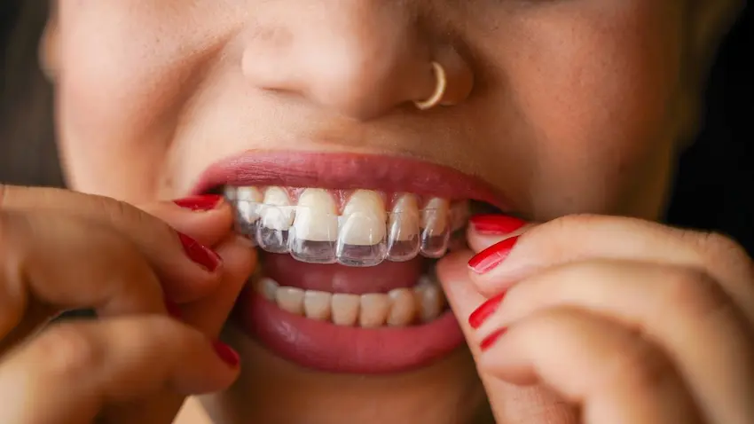 A woman is inserting clear Invisalign® aligners onto her teeth for orthodontic treatment and smile correction at The Foleck Center in Virginia.