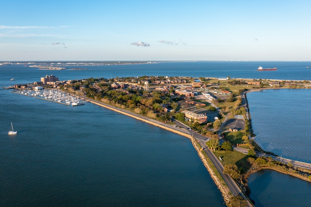 Waterfront views: Fort Monroe near Hampton's Kecoughtan Road Aerial view of the Fort Monroe peninsula looking toward Norfolk and the Chesapeake Bay