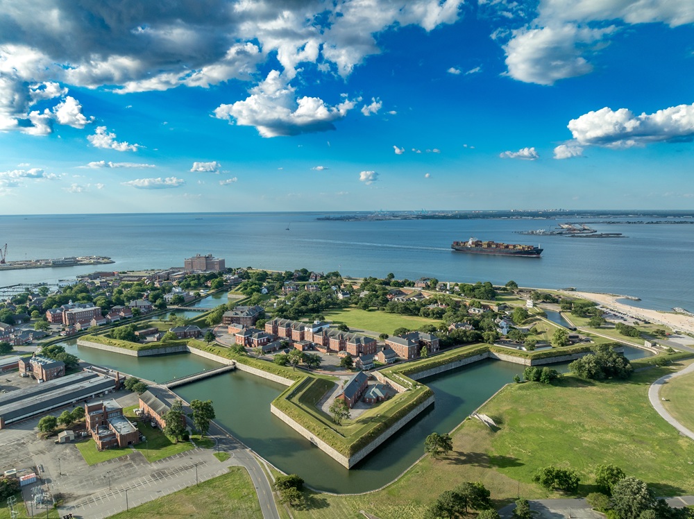 Fort Monroe National Monument: aerial view near Kecoughtan Road Aerial view of the star-shaped Fort Monroe surrounded by a water-filled moat in Hampton